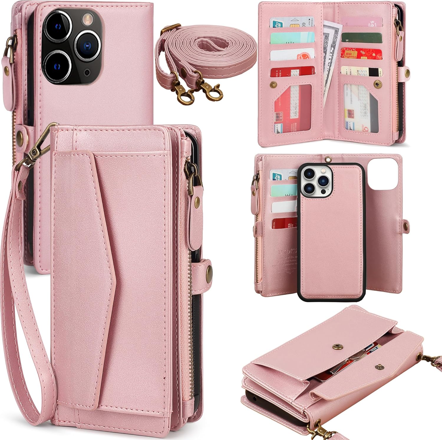 for iPhone 16 Pro Wallet Case for Women, Support Wireless Charging with RFID Blocking Card Holder, PU Leather Wallet Detachable Magnetic Phone Case Crossbody Strap, Pink