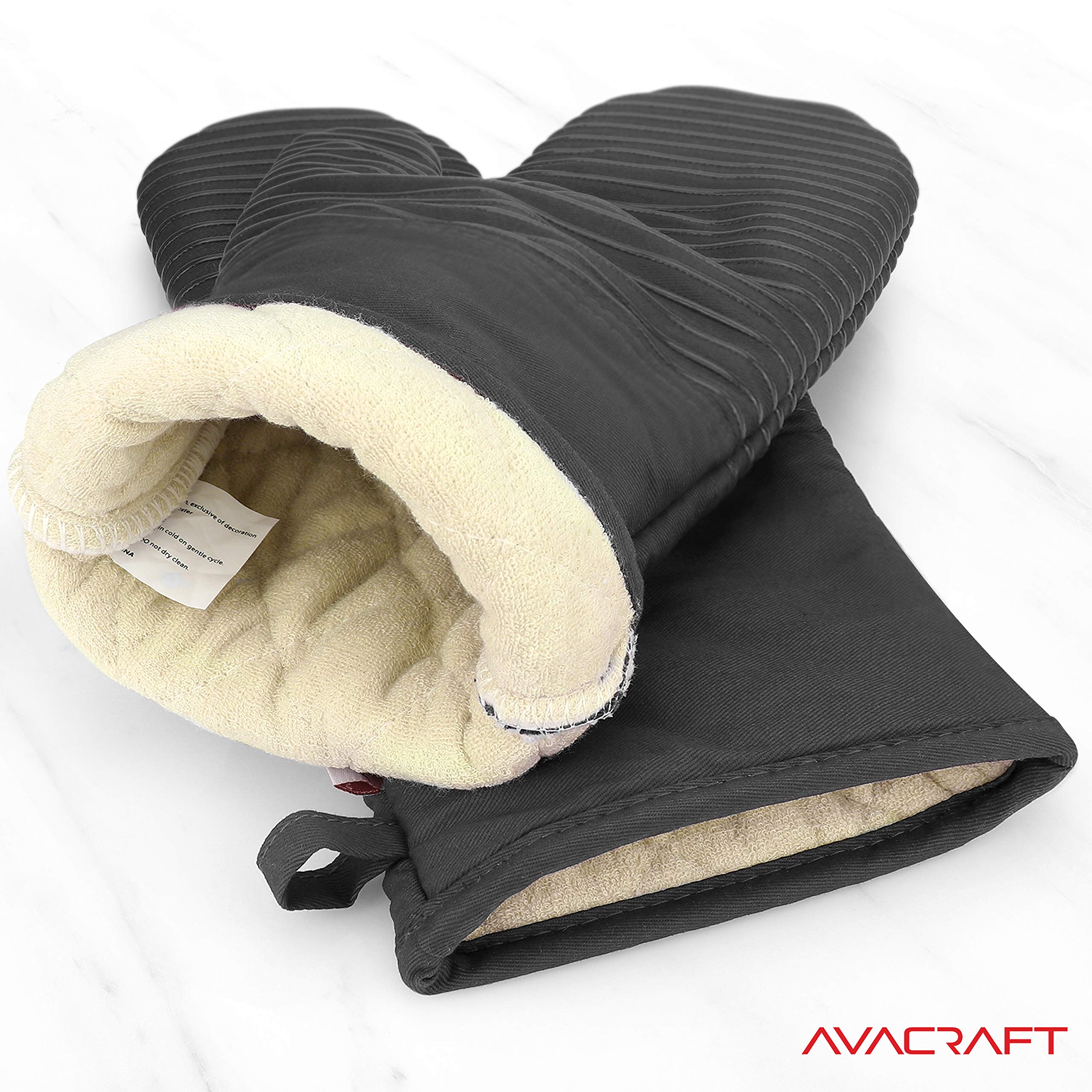 AVACRAFT Ofenhandschuhe, flexibel, 100 % Baumwolle mit einzigartigem, hitzebeständigem Silikon in Lebensmittelqualität, dicke Frottee-Innenseite, 250 °C hitzebeständig (graue Ofenhandschuhe)