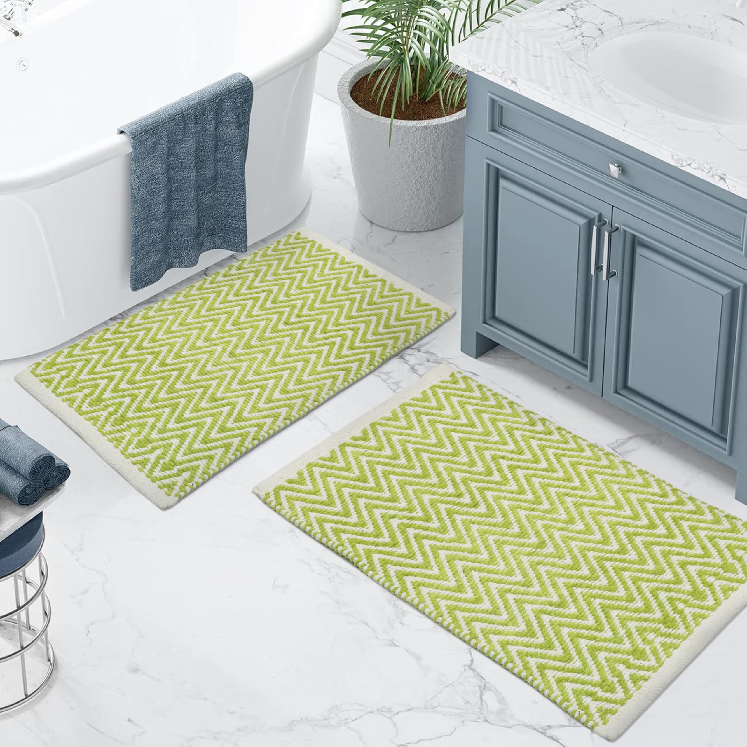 THE HOME TALK Set of 2 Cotton Chenille Bath Rug | Area Rug for Spa, Vanity Shower, Kitchen & Living Room | Water Absorbent Linens | Warm & Soft Carpets | Bathroom Accessories (40x60 cm, Green)-image-10