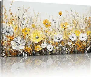 SERIMINO Wildflowers Large Wall Art, Modern Industrial Gold and Silver Floral Art Prints, Rustic Flower Field Canvas Paintings, Vintage Pictures for Living Room Bedroom Kitchen Decoration 24"X48"