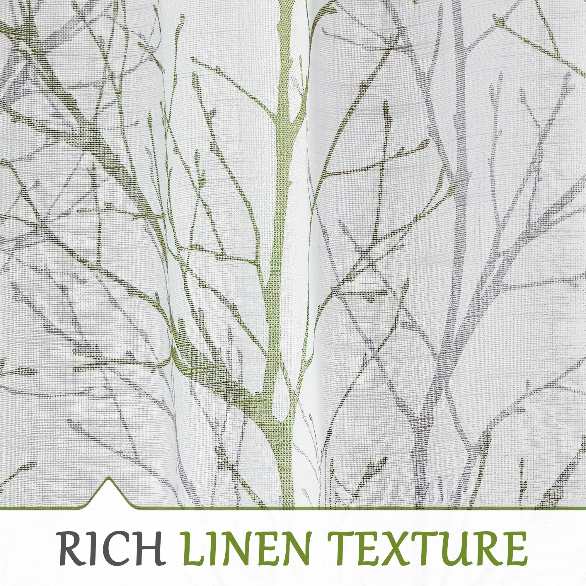 Fmfunctex Green White Semi-Sheer Curtains 96-inches Long Modern Green and Grey Tree Branches Printing on Linen Textured White Window Treatment Panels for Living Room Bedroom Kitchen Draperies 1 Pair - Image 4