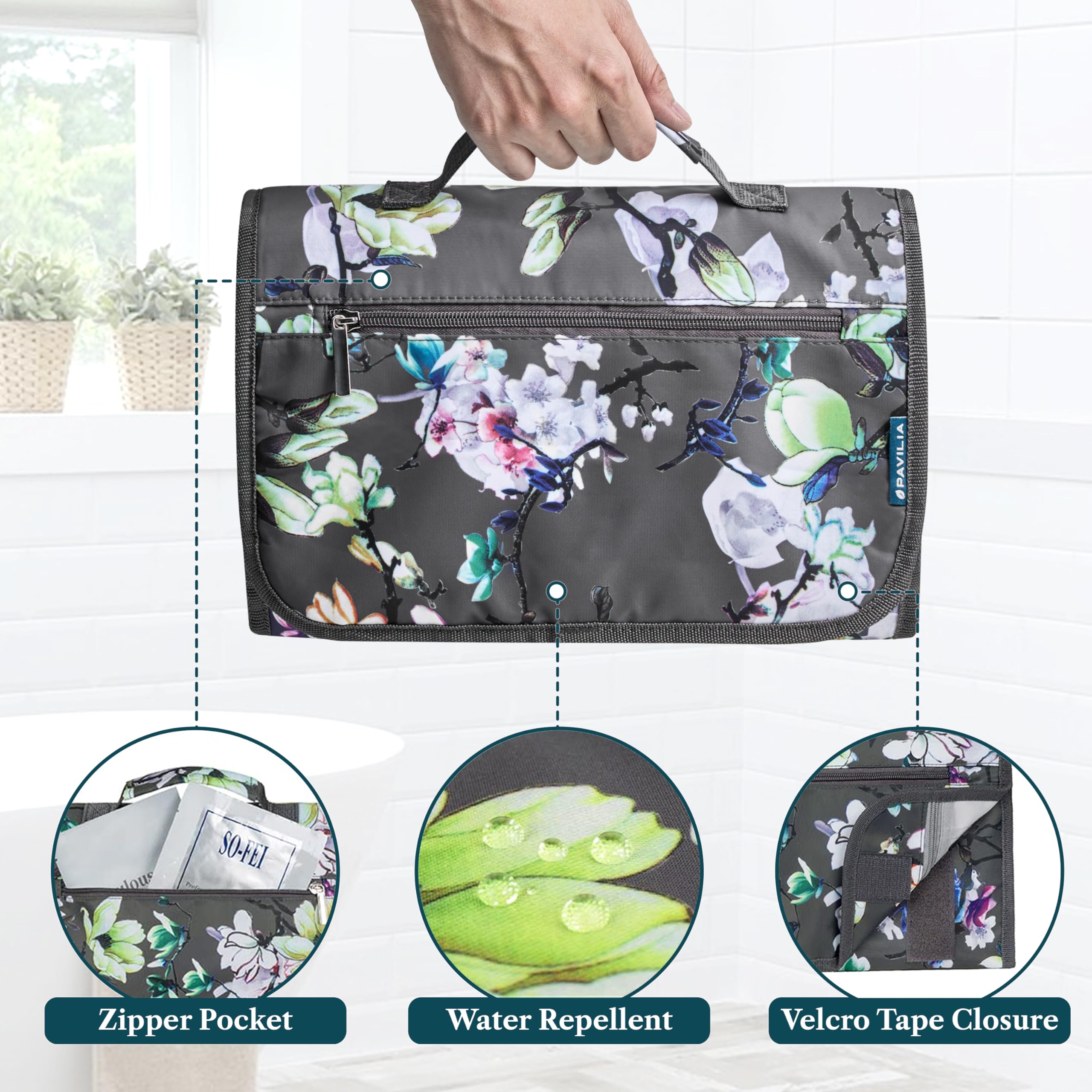 PAVILIA Borsa da toilette da appendere per donne uomini, borsa da toeletta pieghevole da viaggio, borsa da toilette per cosmetici, organizer per trucco resistente all'acqua (floreale grigio)
