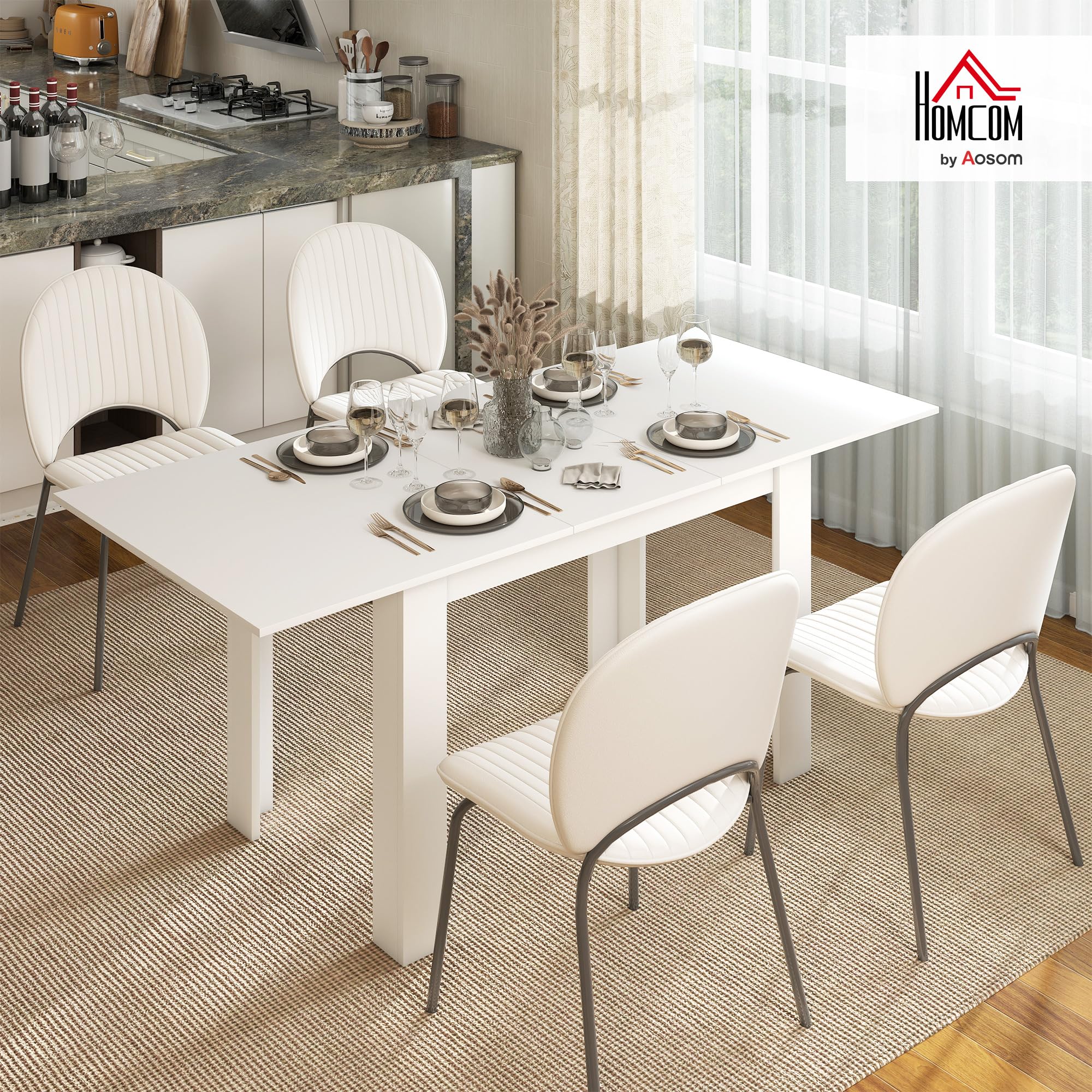 HOMCOM Tavolo da Pranzo Allungabile per 6-8 Persone con Pannelli a Ribalta, Tavolo da Cucina Allungabile in MDF, per Sala da Pranzo, Soggiorno, 140-180x80x75 cm, Bianco