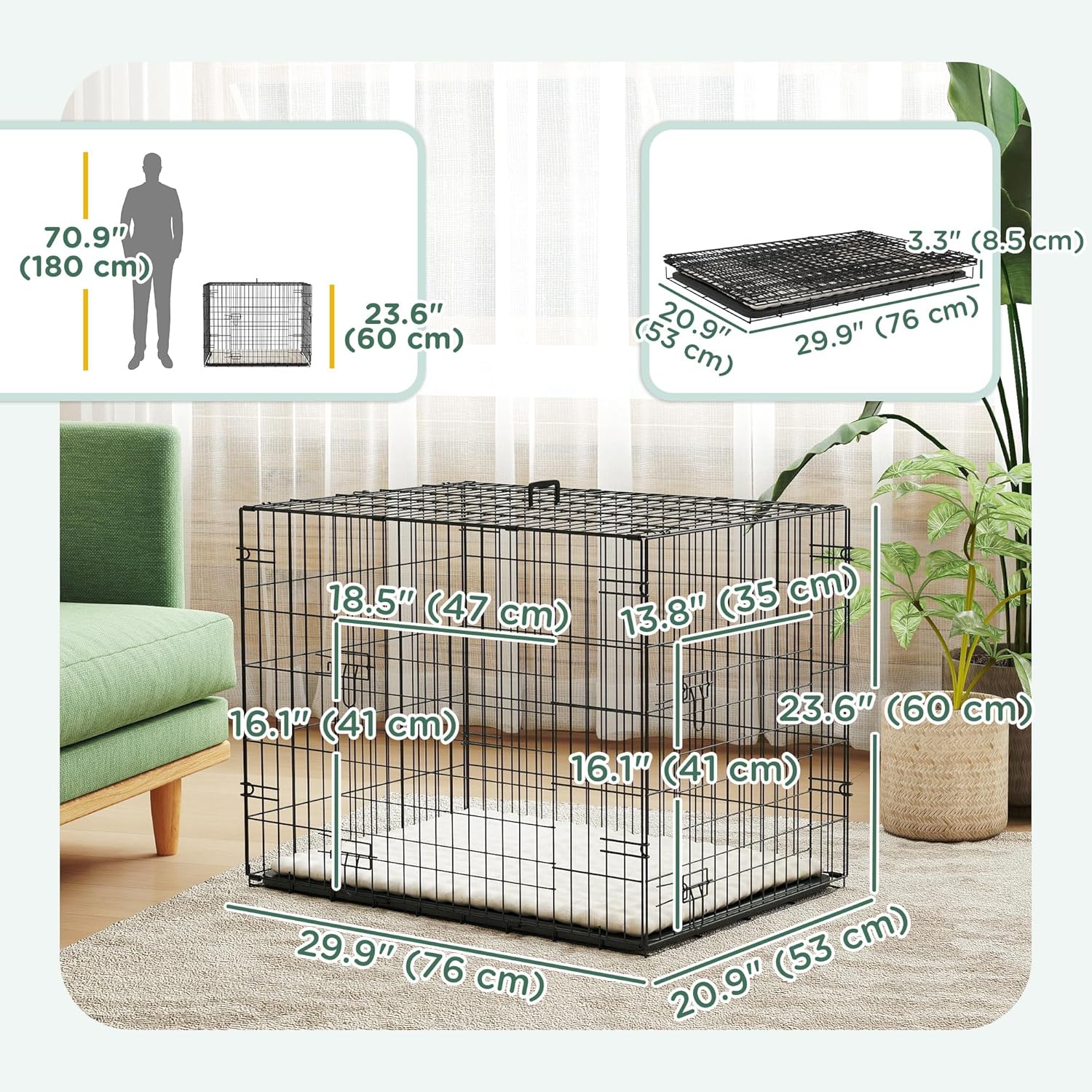 Diagram showing the detailed dimensions of the PawHut dog crate in both assembled and folded states, along with a human figure for scale.