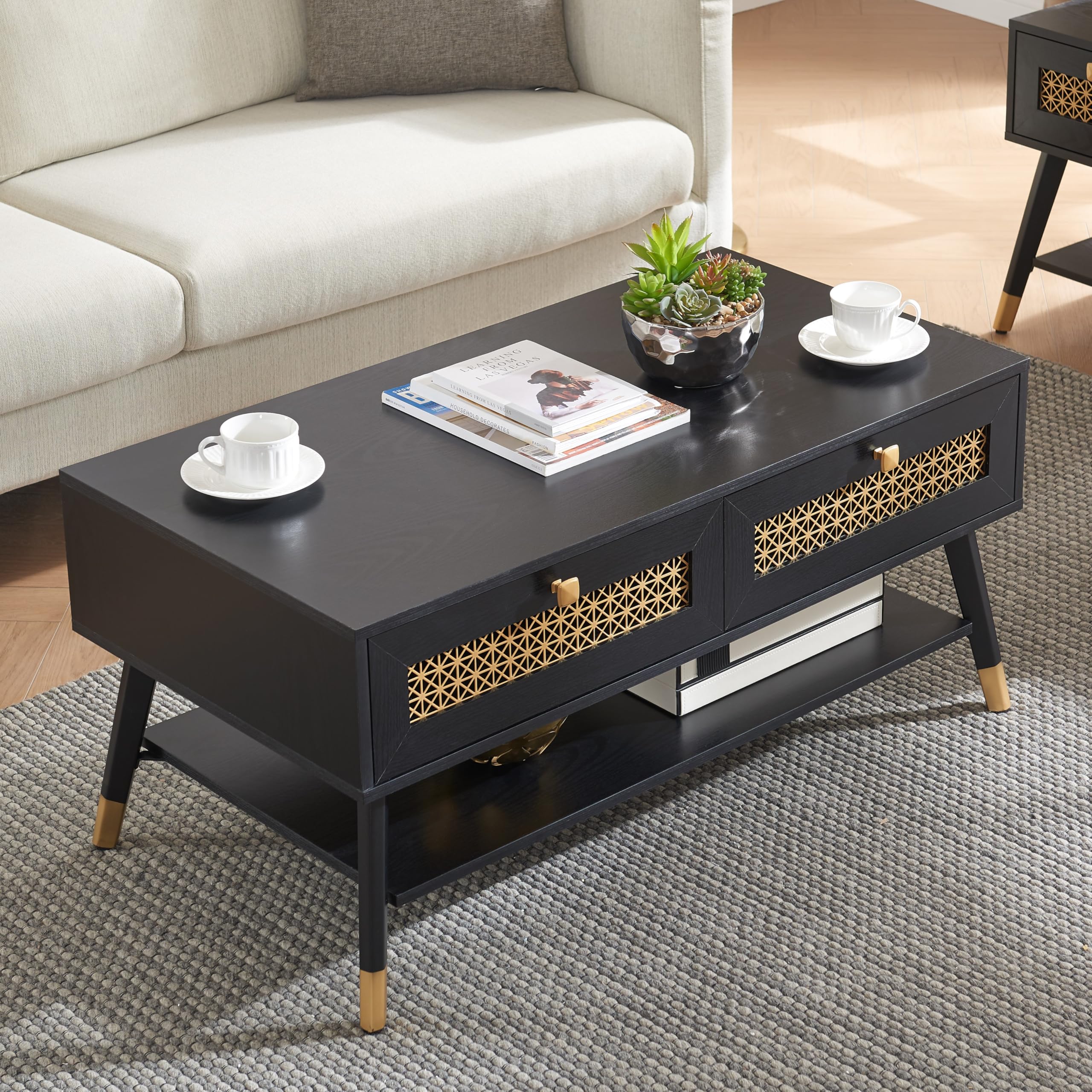 Mid Century Modern Black Coffee Table with Storage Drawers & Open Shelf, Solid Wooden Boho Rectangle Table with Metal Legs Designed for Living Room, Office, Lounge. Black Color with Golden Decor