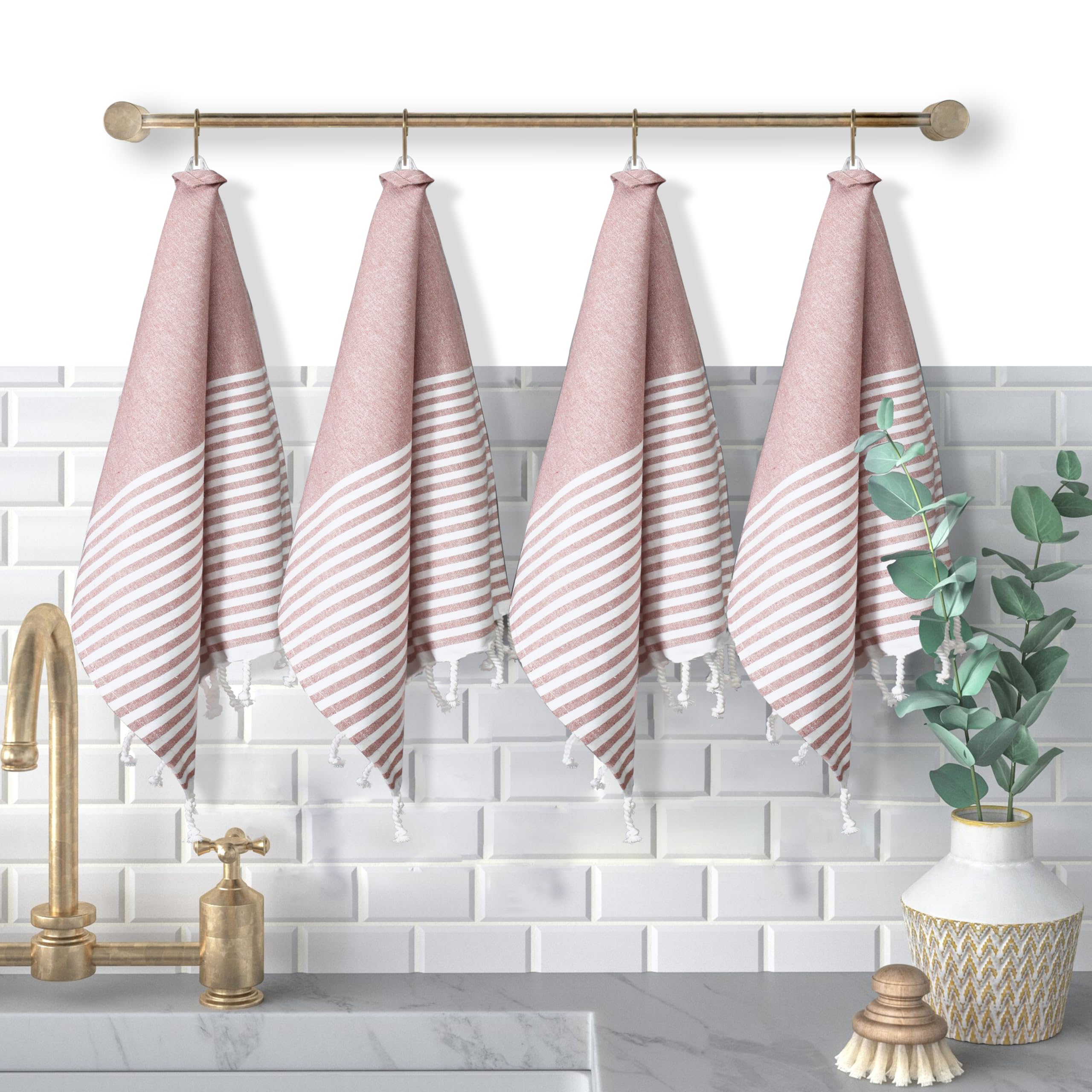 Turkish Kitchen Towels 18x26 Inches with Tassels - 4 Pack - Absorbent, Durable, Soft 100% Cotton Dish Towels for Drying &amp; Cleaning - Machine Washable, Quick Dry - Rust