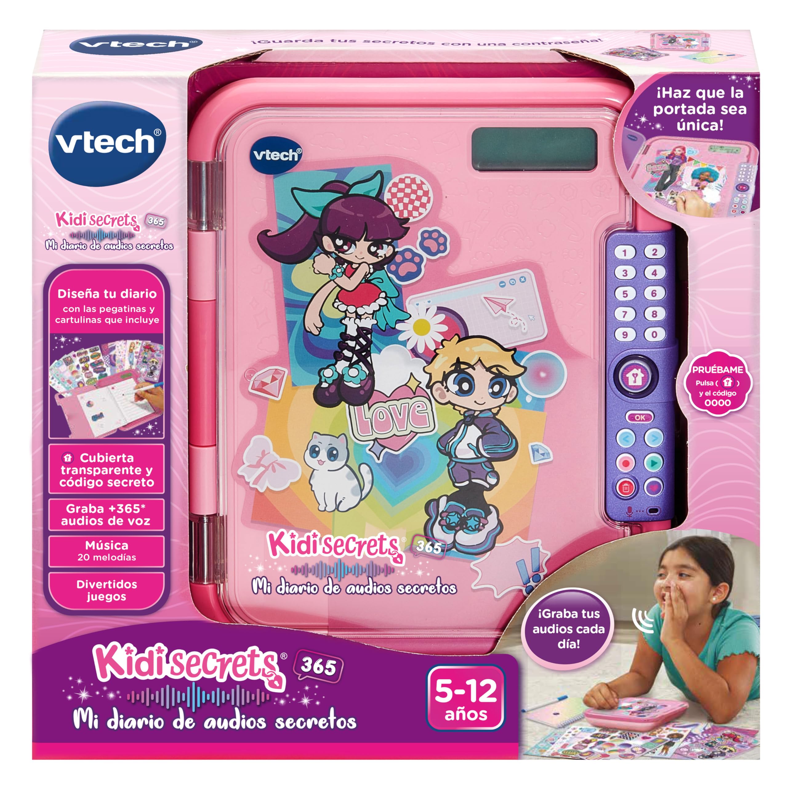 VTech - KidiSecrets 365 Mi Diario de audios Secretos, Guarda 365 Notas de Voz, Código Secreto, Personalizable, Incluye Cuaderno y rotulador, Regalo niños +5 año, Versión ESP