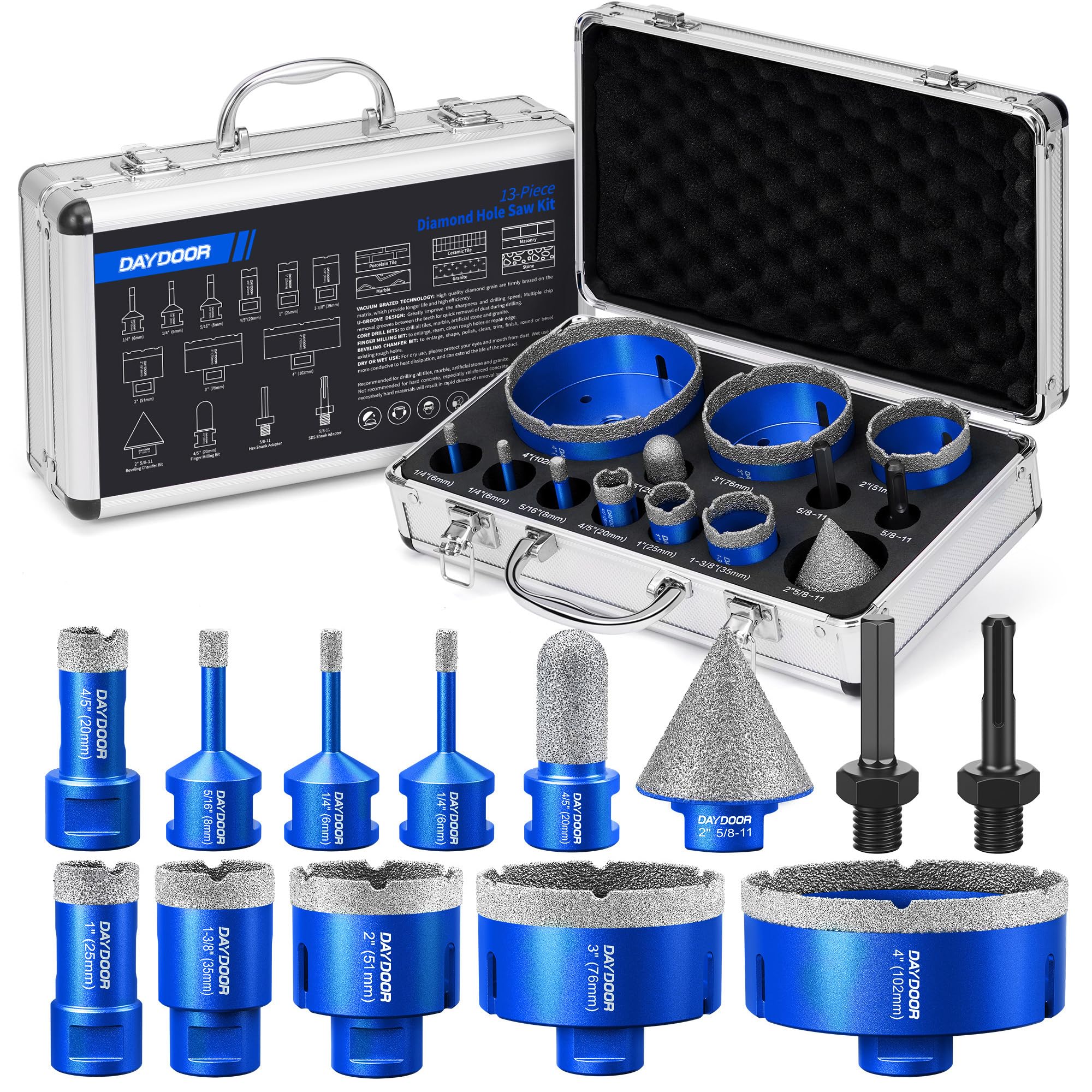 DAYDOOR Diamond Hole Saw Kit,13-PC Vacuum Brazed Tile Hole Saw Kit(Blue) | Core Drill Bits for Porcelain Tile, Granite, Marble, Stone,Ceramic, Pottery Granite,Glass Bottles, Wet/Dry, Easy Cutting