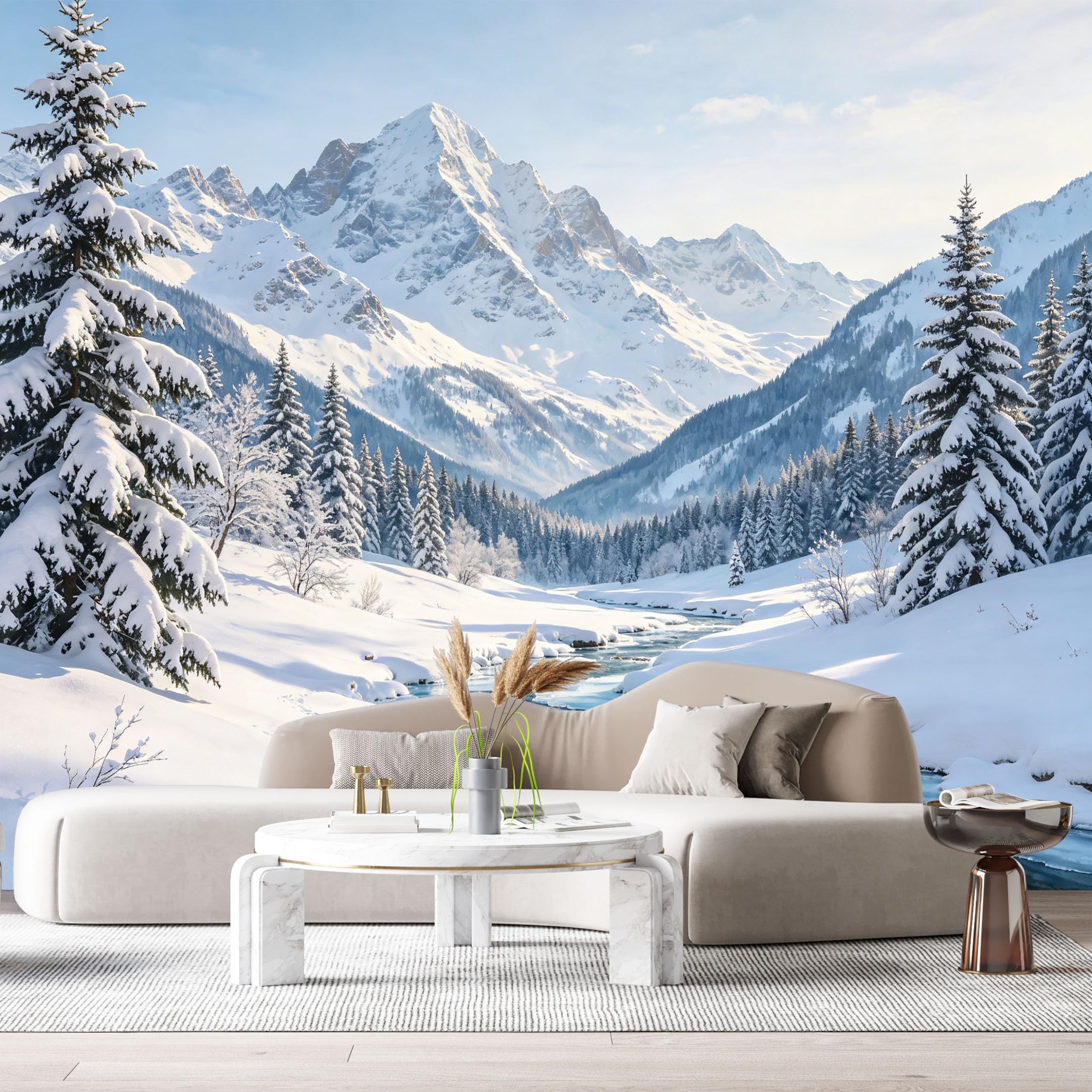 Custom Size Wall Murals Snowy Mountain Landscape Winter Pines Frozen River Oil Painting SelfAdhesive Wall Fabric Removable Large Wallpaper for Photo Living Room
