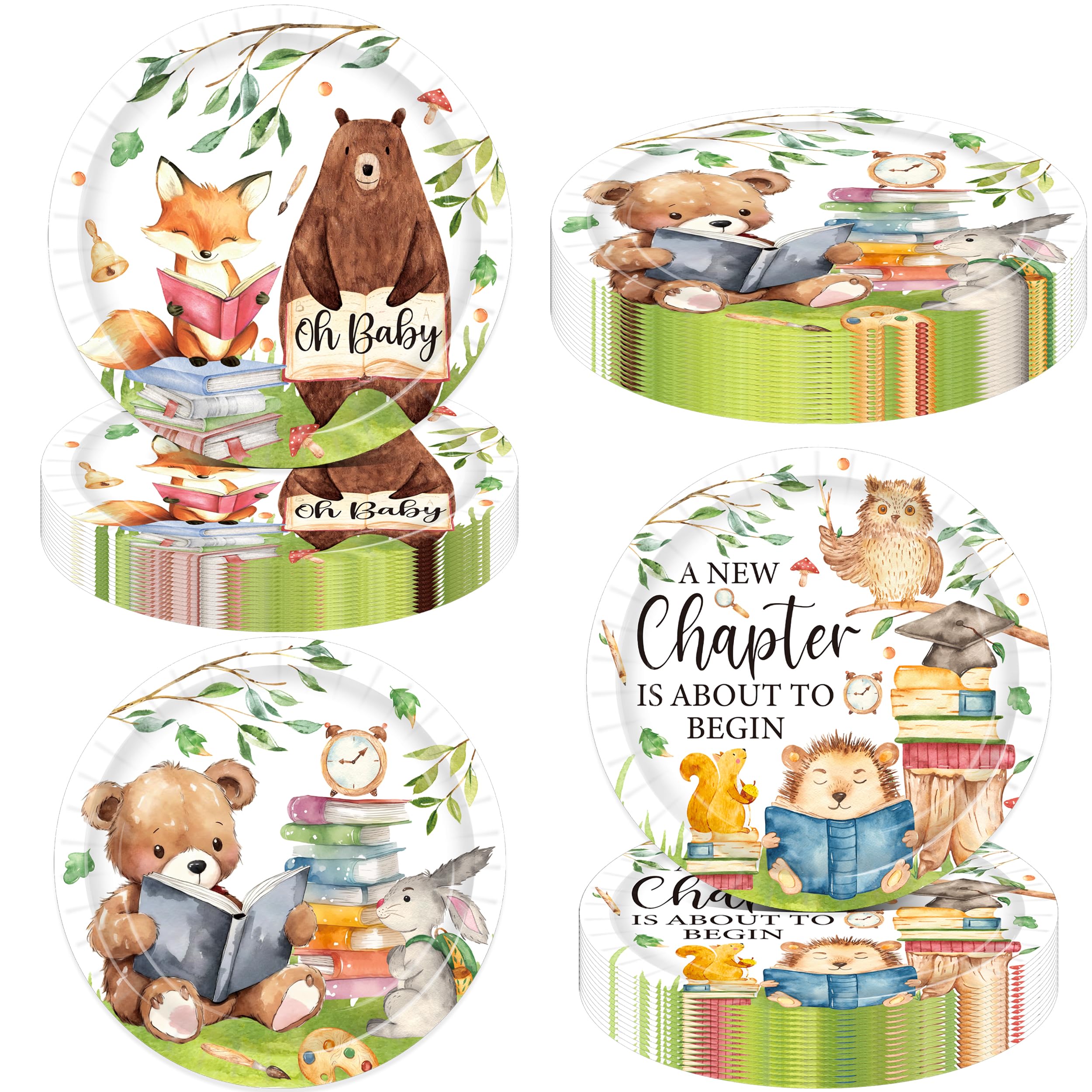 48Pcs A New Chapter Baby Shower Paper Plates, 9 Inch Woodland Animal Book Themed Design Dinner Plates for Storybook Baby Shower Oh Baby Birthday Party Supplies