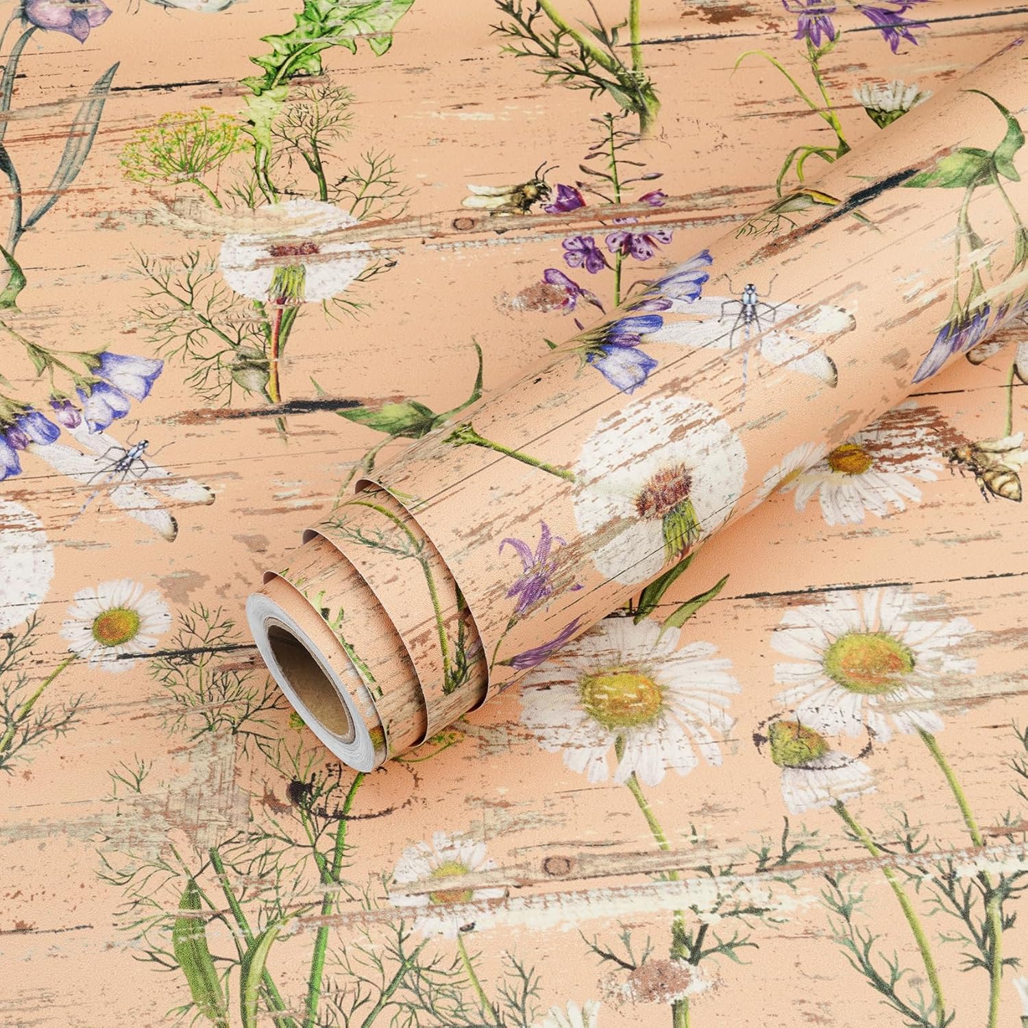 Livelynine 17.5x276 Pink Wood Peel and Stick Wallpaper Flowers Decorative Contact Paper Patterns Wood Grain Floral Art White Daisy Pink Purple Green Botanical Vintage Wildflower Wallpaper for Kitchen