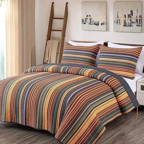Chezmoi Collection Avery 3-Piece Multi-Color Striped 100% Washed Cotton Quilt Set Queen Size