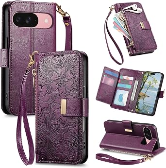 for Google Pixel 10/10 Pro Wallet Case,PU Leather Flip Cover with Card Slots Kickstand Zipper Coin Pocket,Floral Embossed PU Leather Protective Cover Purse for Women Girls Deep Purple