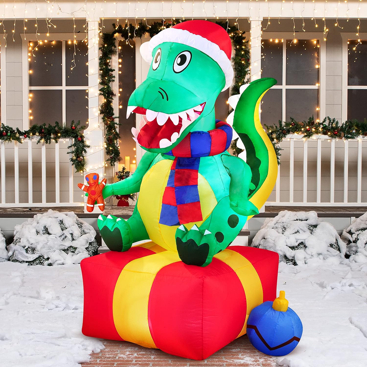 Joiedomi 6 FT Christmas Dinosaur Inflatable Decoration, Gift Box Inflatable with Build-in LEDs Blow Up Inflatables for Xmas Party Indoor, Outdoor, Yard, Garden, Lawn, Winter Decor