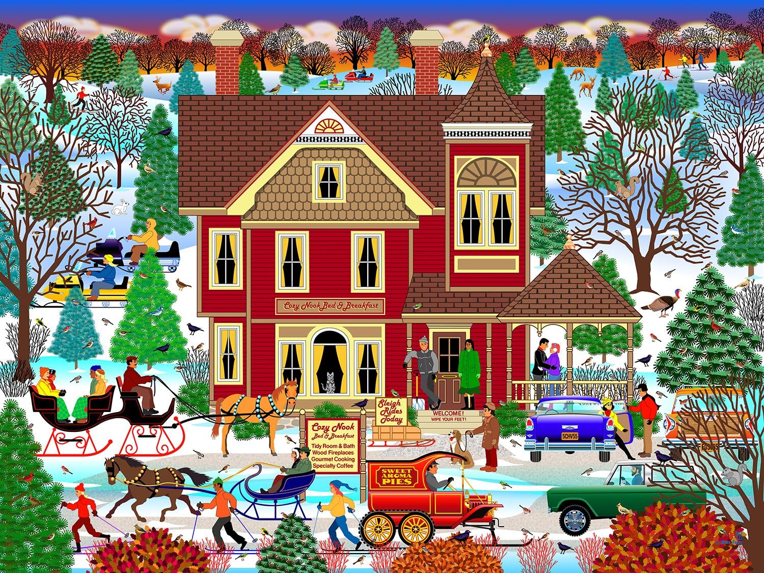 Springbok's Winter Bed and Breakfast 500 Piece Jigsaw Puzzle by Artist Mark Frost Features a Classic Image of Winter Travels