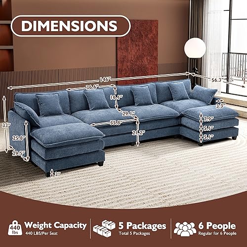 Miniatura 2 de Ihanherry 146" U-Shaped Modern Sofa Modular Sectional Cloud Couch with 2 Ottoman, 6-Seat Chenille Deep Seat Sofa with 6 Pillows for Living Room,