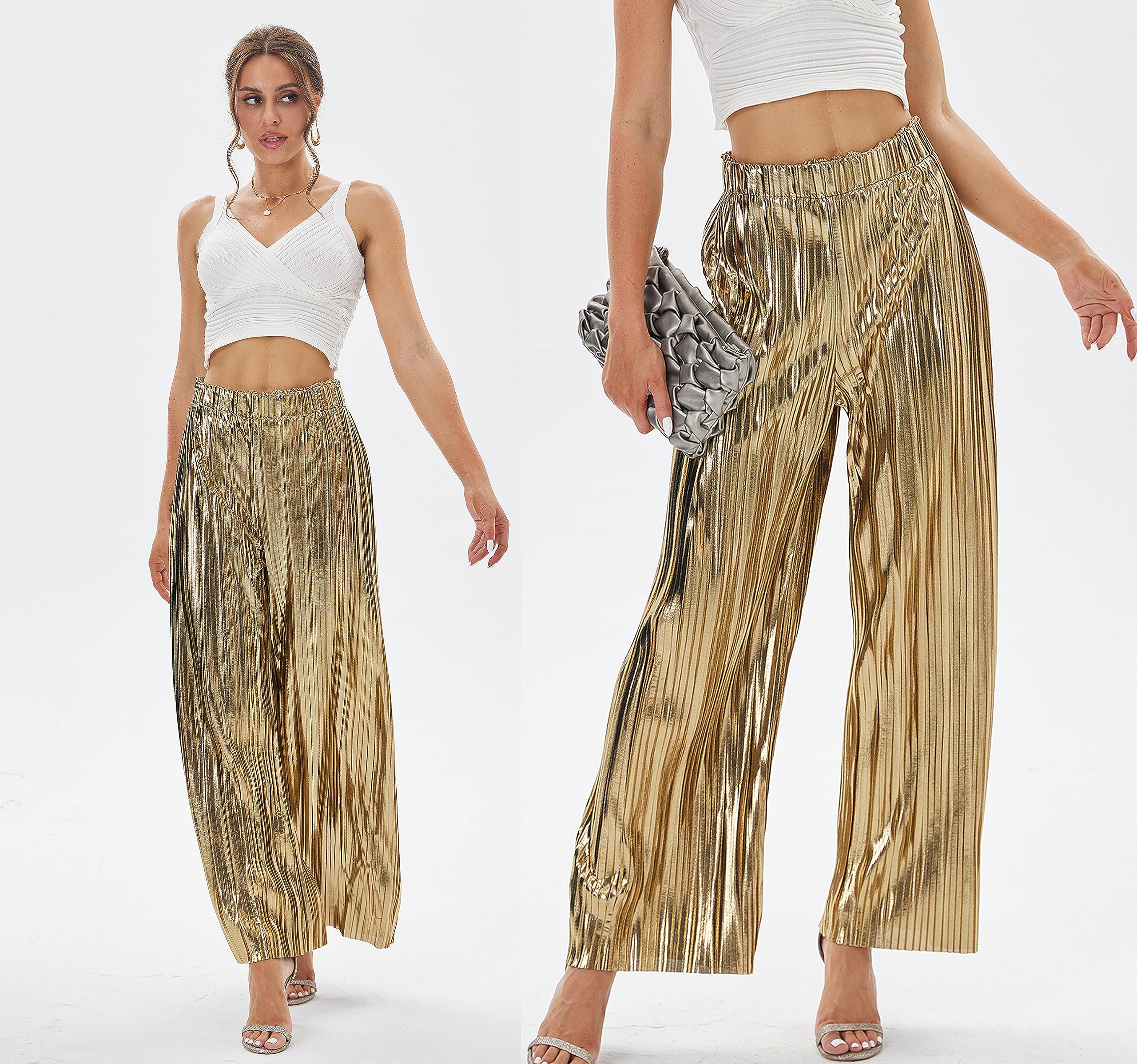 Fakanhui Pantaloni a palazzo da donna a gamba larga metallizzati oro argento casual abito da sera party clubwear pantaloni