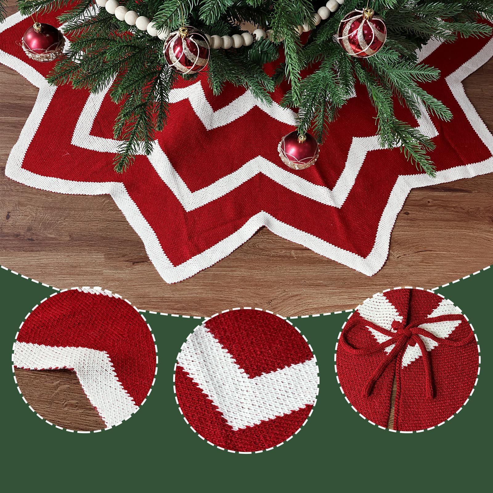 LimBridge Knitted Christmas Tree Skirt: 48 Inch Red & White Striped Polygon Chunky Crochet Tree Skirt, Christmas Tree Decorations for Merry Christmas Home Décor Rustic Holiday Xmas Party Gifts