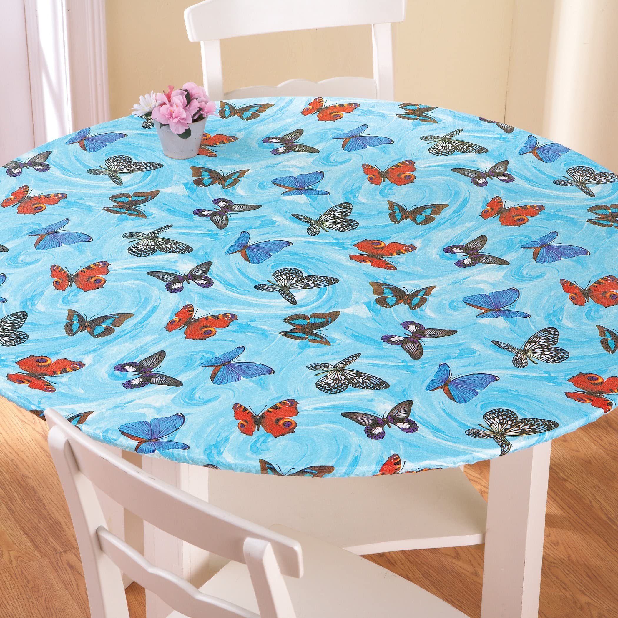 Collections Etc. Patterned Fitted Table Cover with Soft Flannel Backing and Durable Wipe-Clean Vinyl Construction, Butterflies, Round
