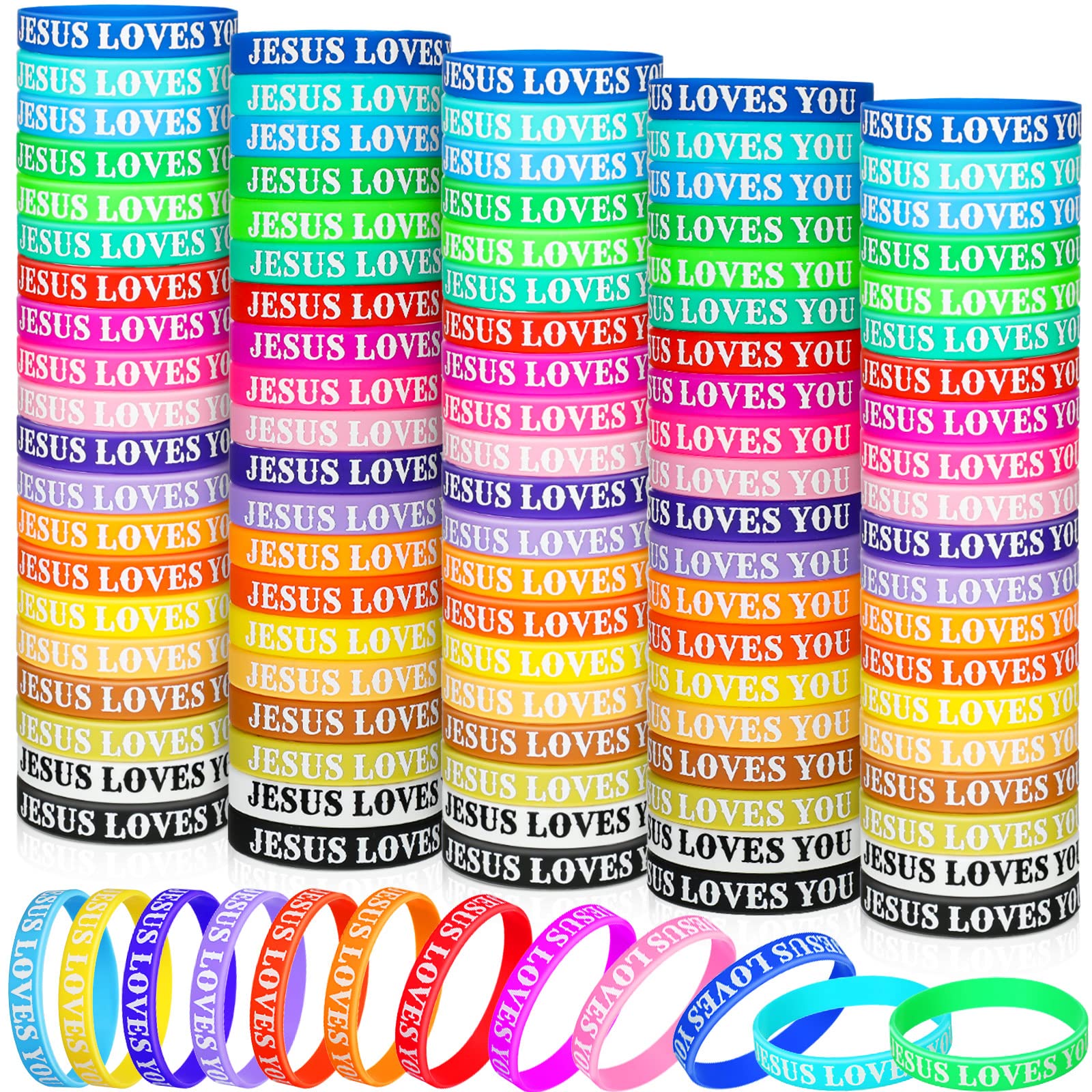 Lewtemi 100 Pcs Jesus Loves You Bracelet Bulk Silicone Christian Bracelet Colorful Rubber Wristbands Motivational Rubber Wristbands for Men Women Party Favors(Multicolor)