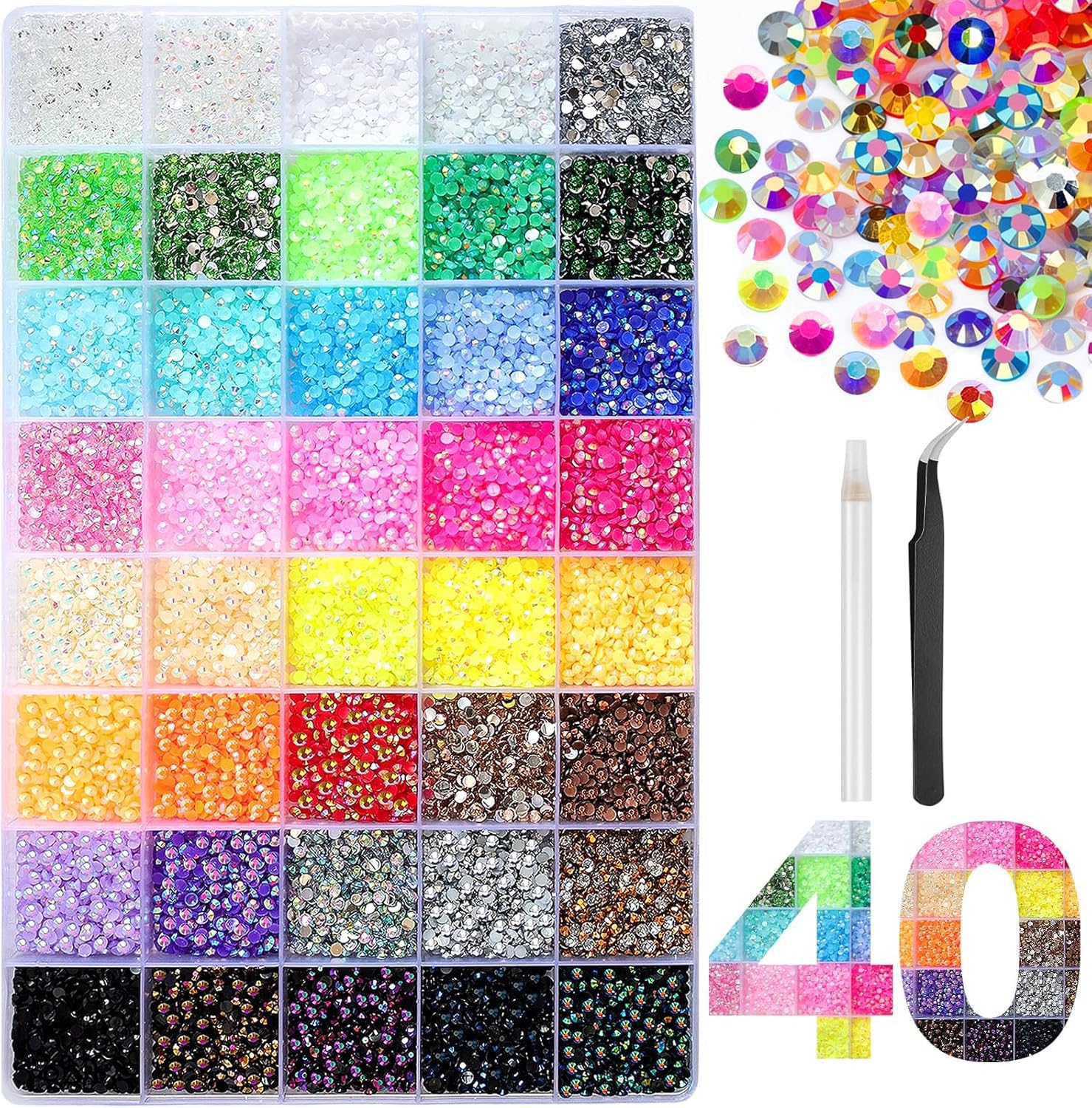 32000 Strasssteine für Nägel, 40 Farben 3 mm flache Rückseite, Strassstein-Set mit Pinzette und Stift für DIY-Bastelarbeiten, Kleidung, Becher, Tassen, Schuhe, Stoff und Nagelkunst