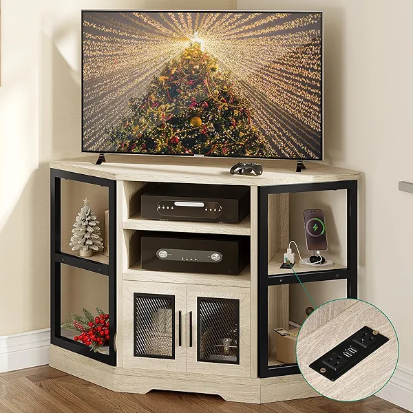 YITAHOME Corner TV Stand for TVs up to 55/50 Inch with Power Outlet, Modern Farmhouse Entertainment Center, Wood TV Media Console with Storage Cabinets Shelves for Living Room, White Oak wit