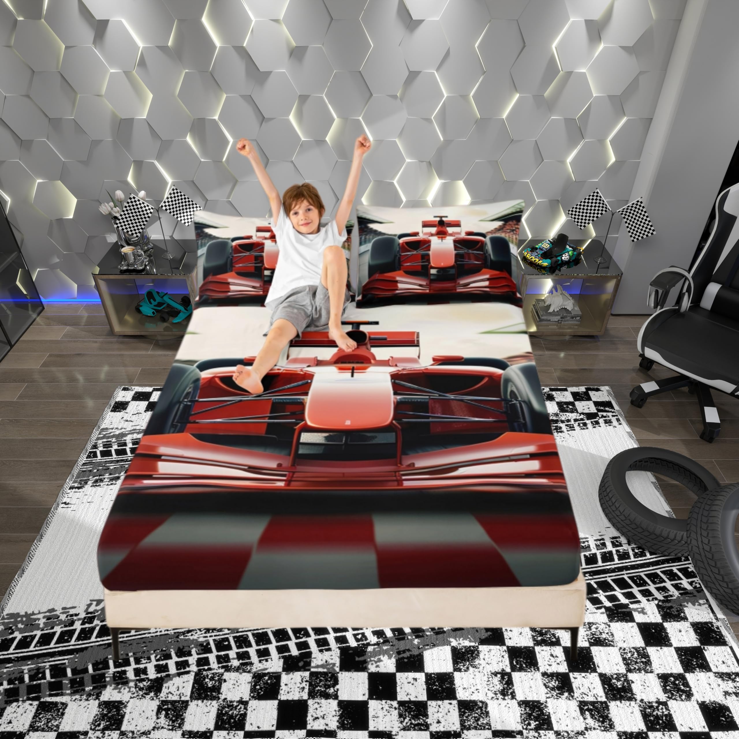 3D Red Formula Car Bedding Set Twin Size Cool Racing Car Bed Set for Teens Bedroom Decor Kids Sheet Microfiber Racing Speed Sport Bed Cover(1 Fitted Sheet+1 Pillow Case)-image-49
