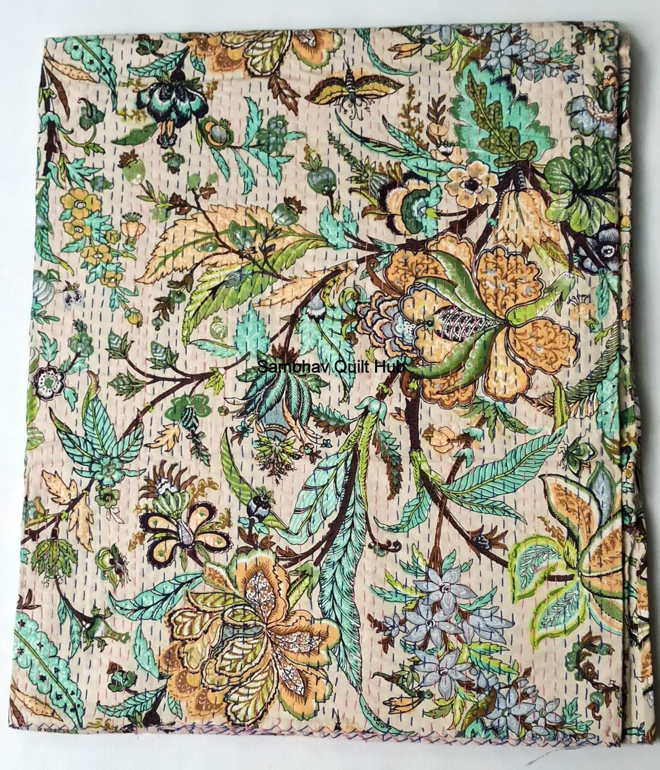 White Floral Handblock Home Decor Quilt Block Print Handmade Quilted Kantha Bedspread Boho Bedding Queen Size/King Size Bed Cover Block Throw Kantha Quilt