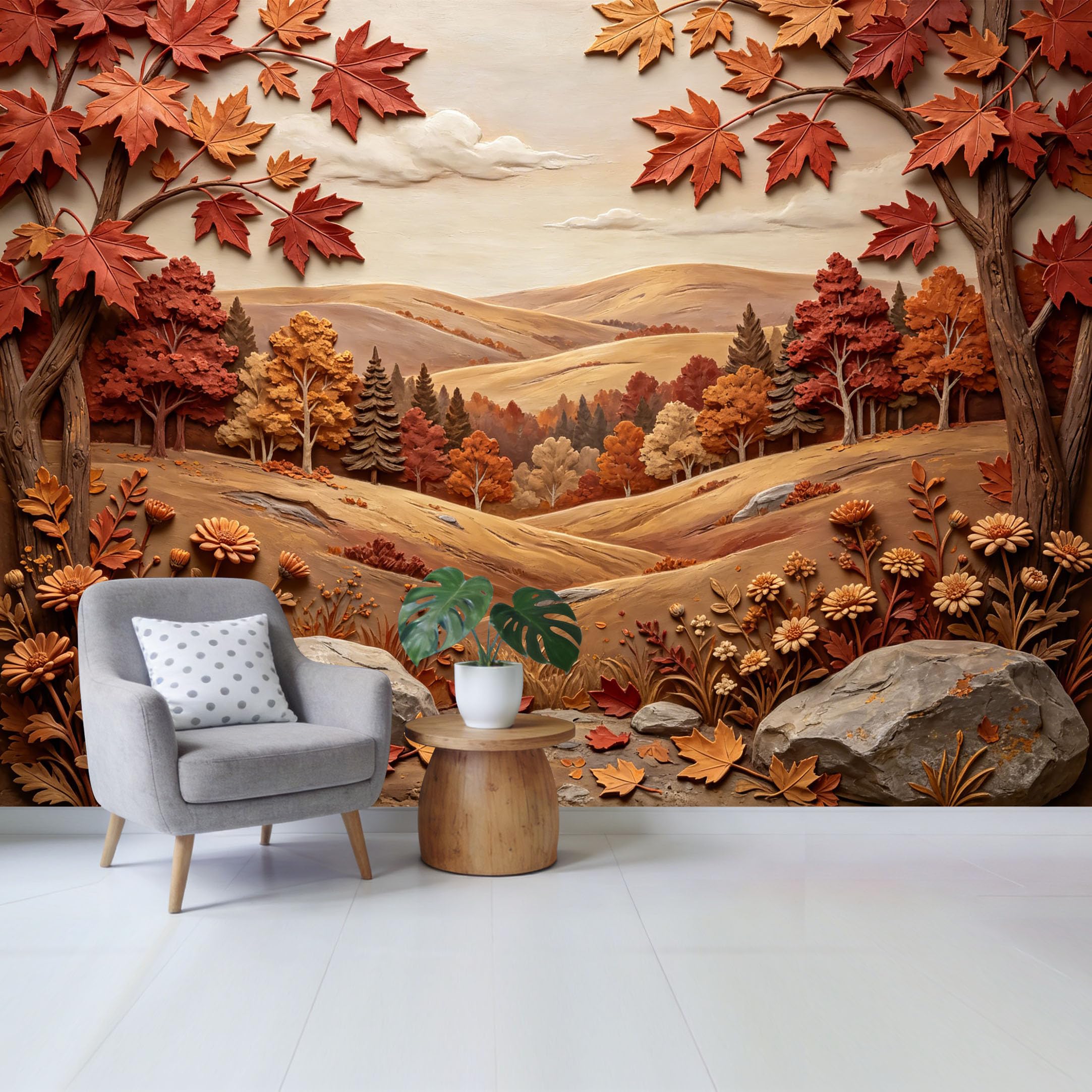 Qzlithotic Yq2605251219 Custom Size Wall Mural Autumn Maple Leaves Landscape 3D Relief Textured Botanical Scenery Selfadhesive Wall Fabric Removable Wallpaper For Home Office Decor