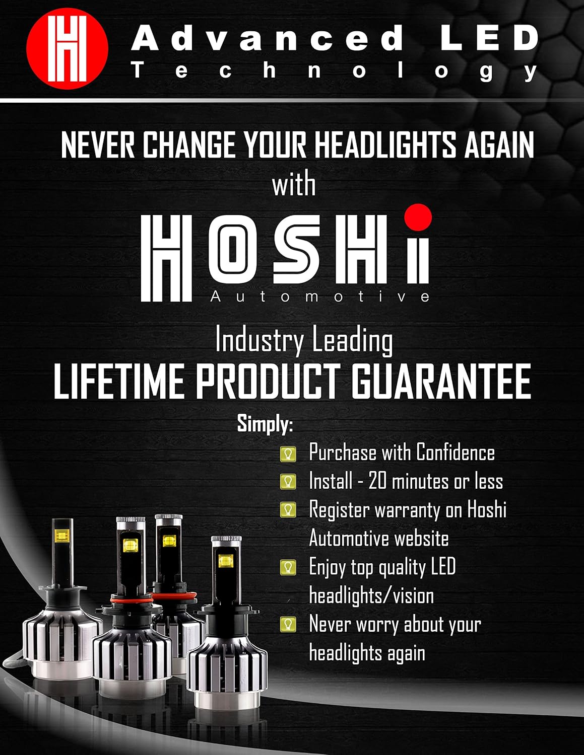 Hoshi LED Headlight - Ultra Clear 6000k True White Light at 8,000Lm LEDs Lighting, Japanese Reliability/Low Heating. Internal Ballast, unibody Design CANBUS Ready