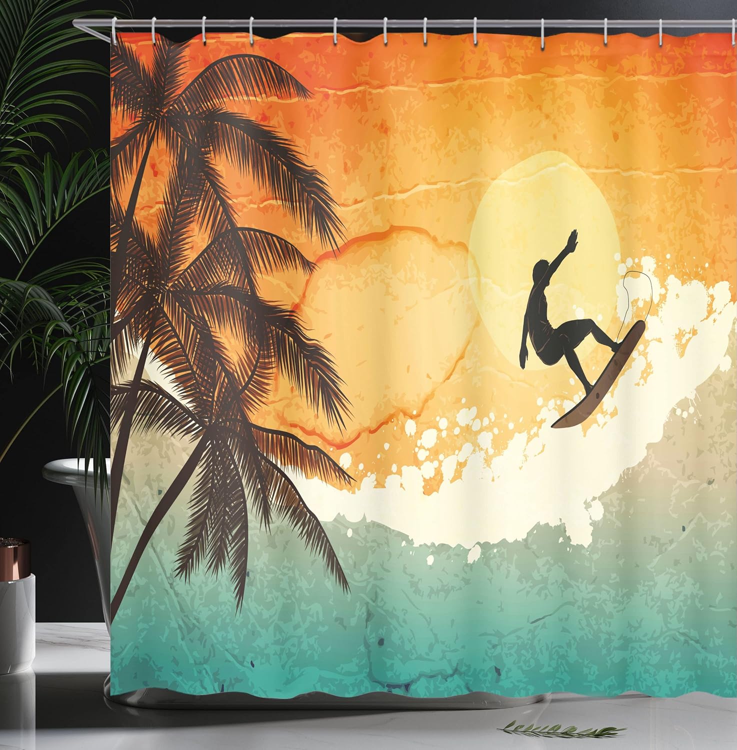 Ambesonne Grunge Shower Curtain, Illustration of Tropical Island Surfer on Sea Waves and Palms at Sunset, Cloth Fabric Bathroom Decor Set with Hooks, 69" W x 84" L, Orange Turquoise Black