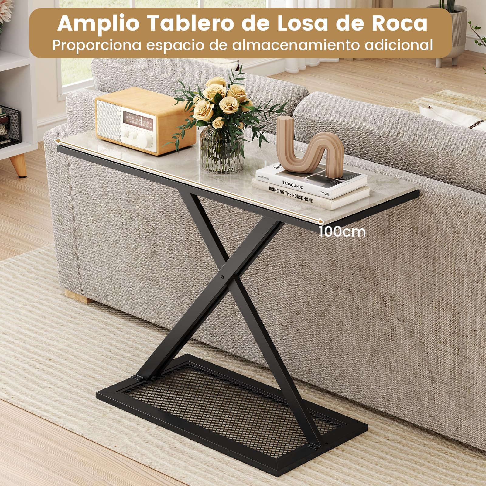 COSTWAY Mesa Consola con Encimera de Mármol, Mesita de Entrada con Marco Metálico, Mesa para Recibidor con Almohadillas Ajustables para Salón, Pasillo, Recibidor, 100 x 40 x 77,5 cm