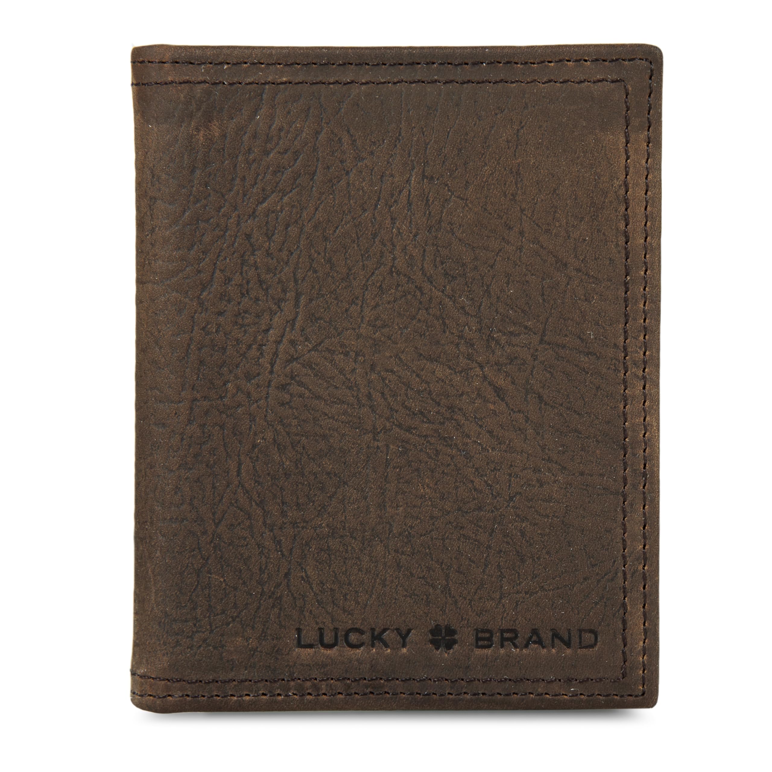 Lucky Brand Men's Embossed Trifold Wallet (Available in Cotton Canvas or Leather), Brown-DBL Stitched L-Fold, One Size, Brown - DBL Stitched L-Fold, One Size