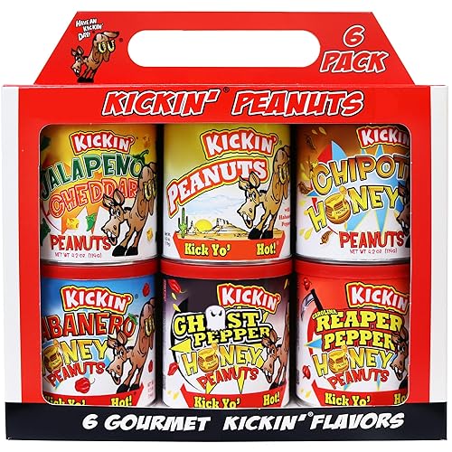 ASS KICKIN' Cacahuetes picantes picantes, paquete variado de 4.25 onzas, paquete de 6 unidades, maní gourmet picante, prueba si te atreves