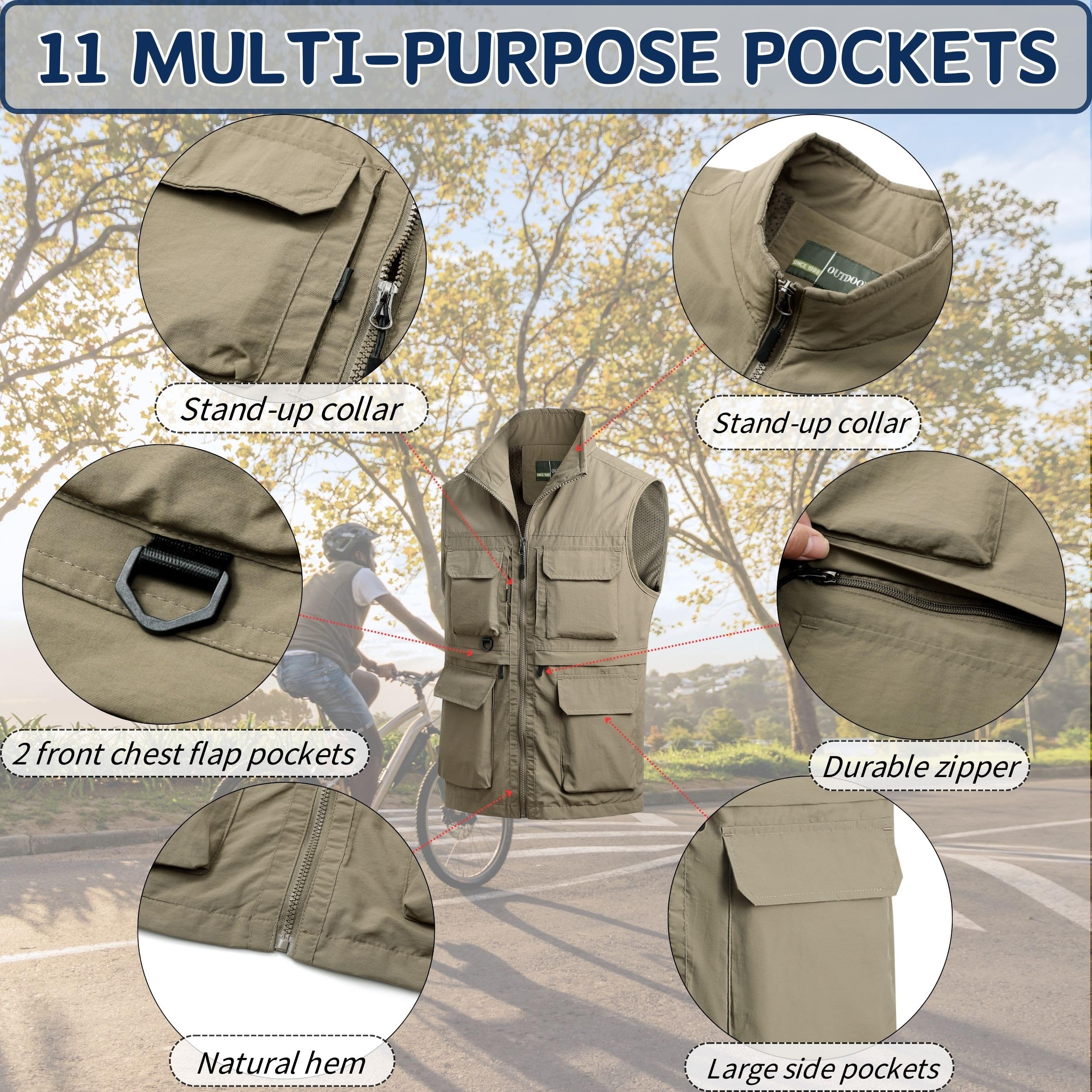 Homme Gilet de Pêche Séchage Rapide Gilet de Sport Gilet de Extérieur Décontracté Légère Respirant Veste Multi-Poches Sans Manches Veste Chasse Photographie Gilets