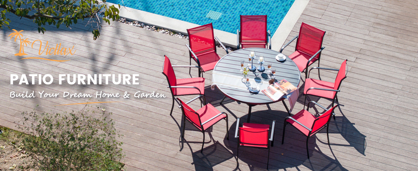 Image of VICLLAX 5 Pieces Patio Dining Set, Outdoor Furniture Set Includes 37.8 inch Square Outdoor Table and 4 Stackable Patio Sling Chairs, Walnut Tabletop and Brown Fabric