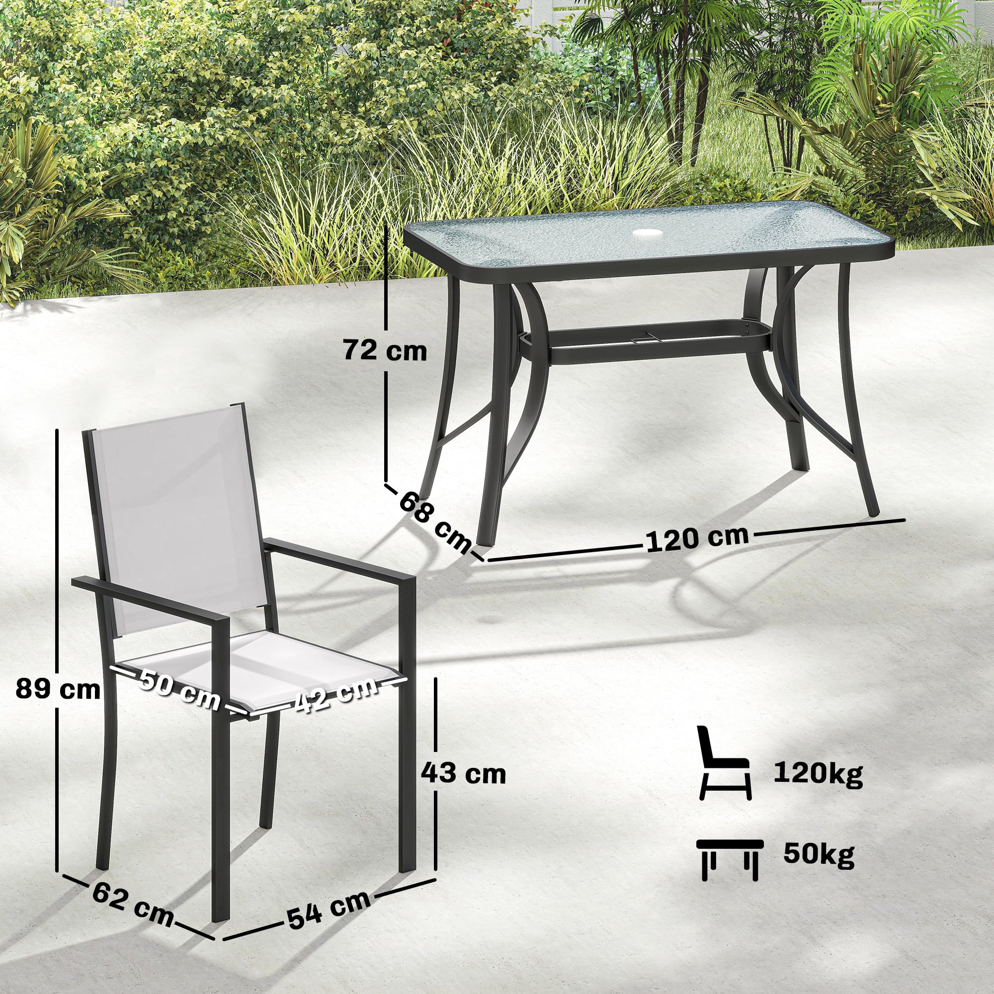 Outsunny Set Tavolo e Sedie da Giardino 5 Pezzi, Set Pranzo Esterno con 4 Sedie Impilabili Texteline, Tavolo Vetro Temperato, Foro Ombrellone, Acciaio, Grigio Chiaro