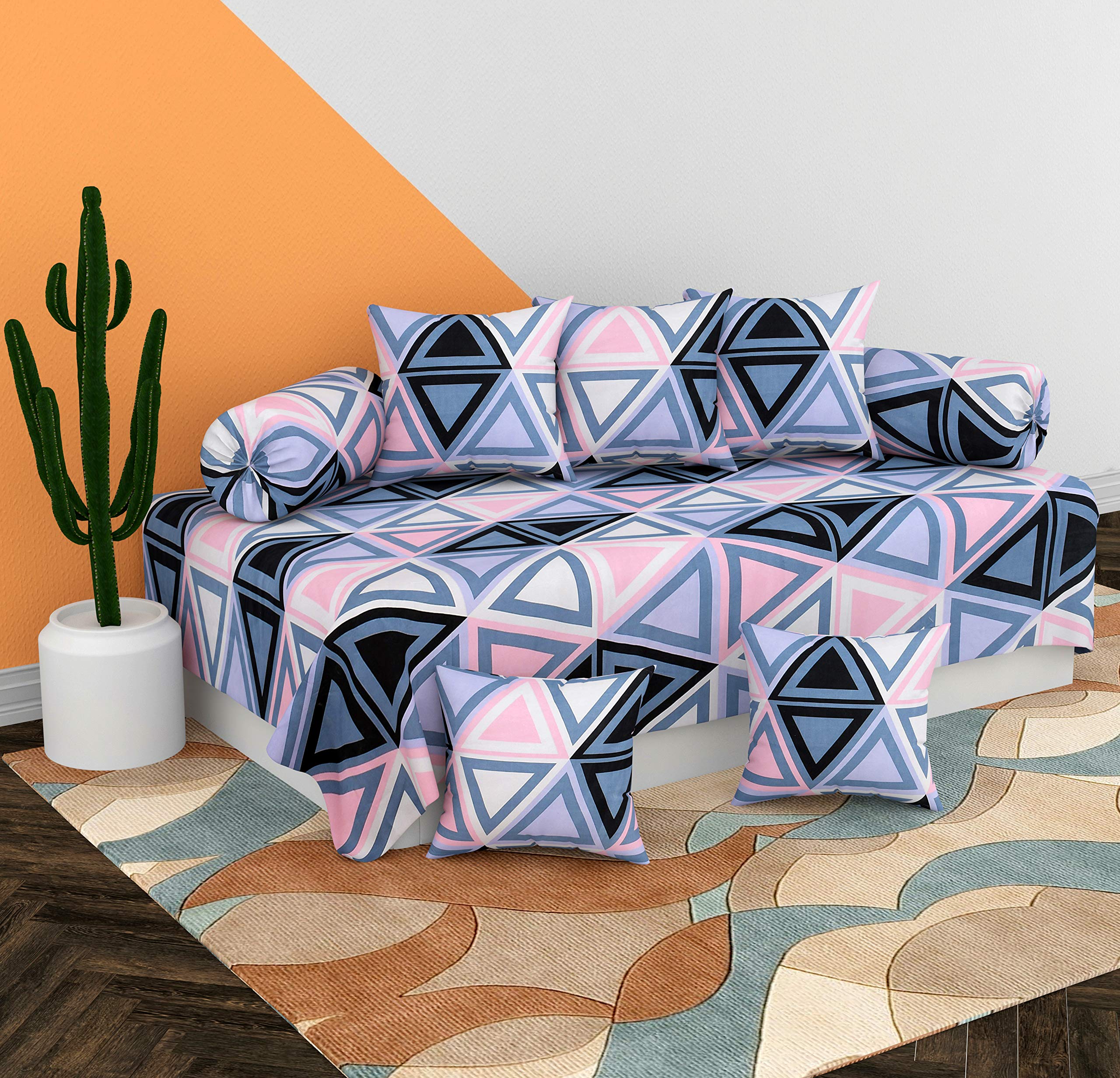 BEVIHome Microfiber Microfiber 3D Triangle Printed Diwan Set 8 Pieces, 1 Single bedsheet, 5 Cushions Covers and 2 Bolster Covers- Pink