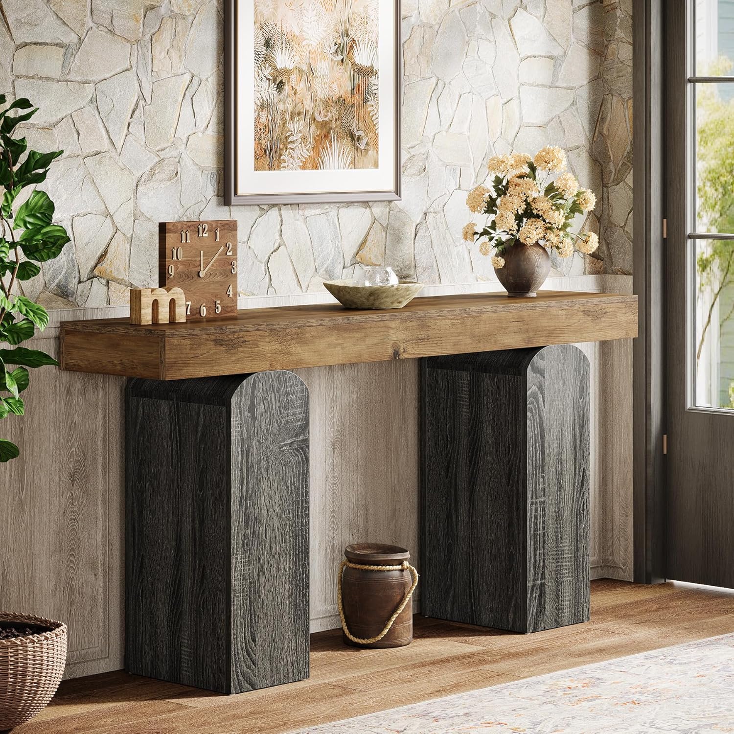 Tribesigns 63" Long Entryway Table, Farmhouse Console Table with 2 Arched Pedestal Legs, Wooden Sofa Console Behind The Couch for Entrance, Hallway, Living Room (Vintage Brown & Grey)