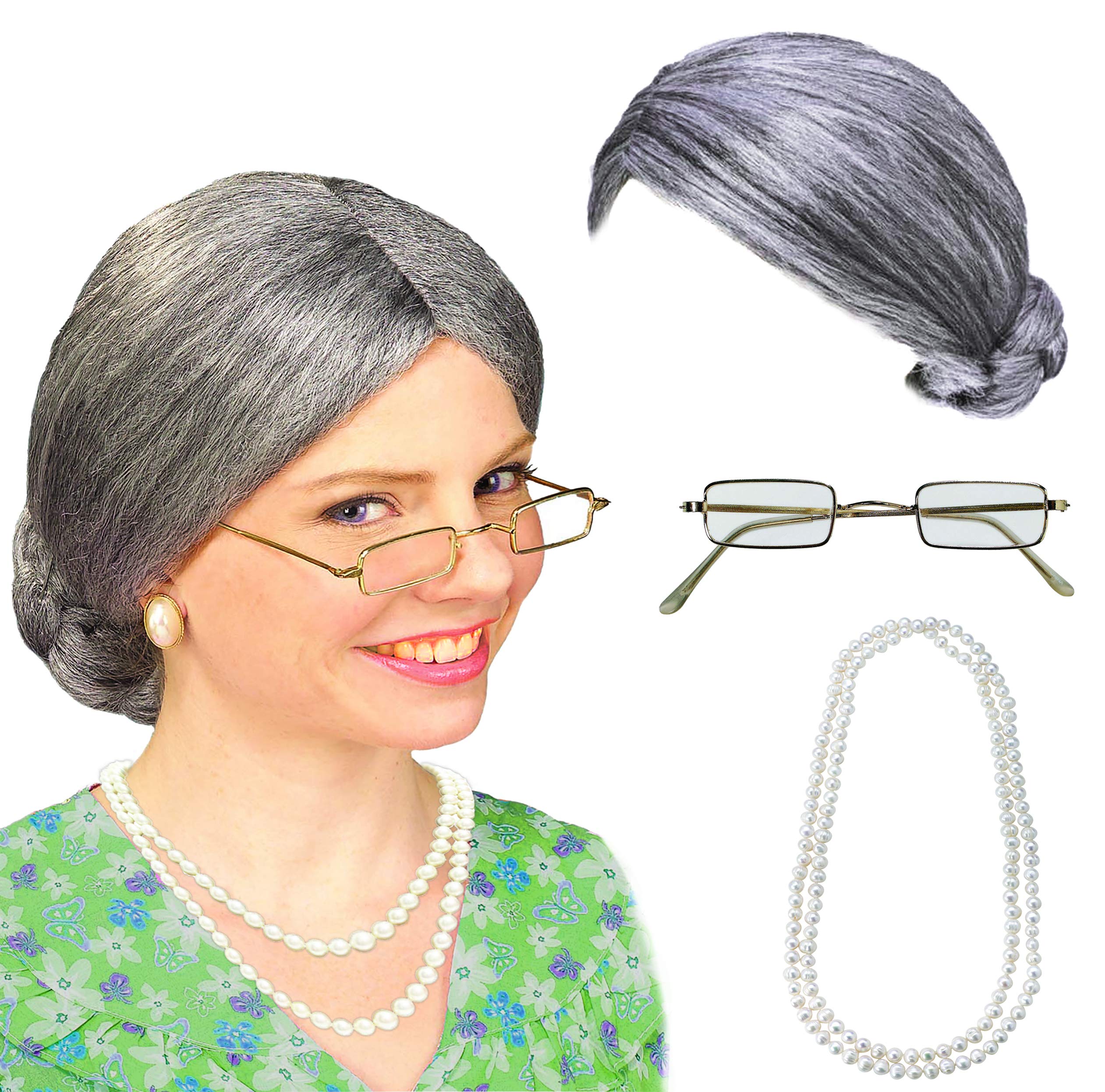 Buy Old Lady Costume for Kids Old Lady Wig & 2x Pearl Necklace for