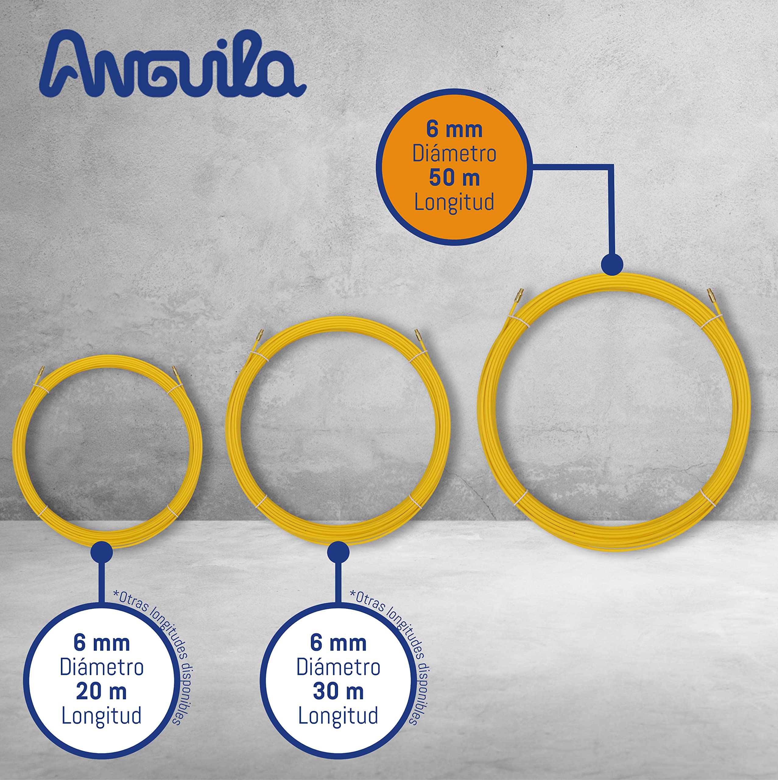 Anguila Guía Pasacables Semiindustrial Fibra Vidrio Amarillo ⌀6mm 50m | Rígida, sin efecto memoria y gran fuerza de empuje en recto; terminales intercambiables; incluye 3 accesorios
