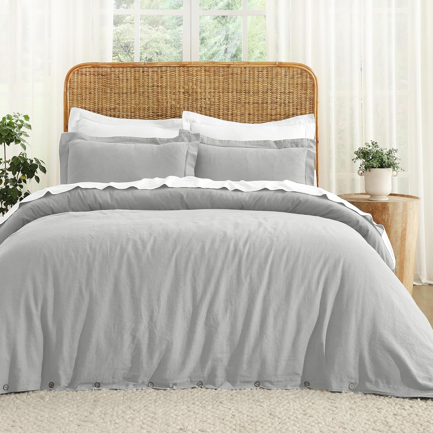 Superior Cotton Linen Duvet Cover Set, Chic Decor for Bedroom, Includes 1 Duvet Cover with Button Closure, 2 Pillow Shams, Lightweight Aesthetic Bedding Essentials, California King/King, Silver