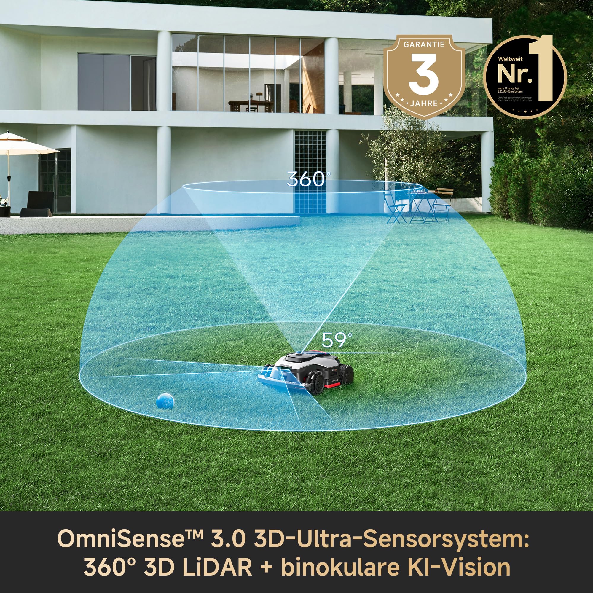 DREAME A3 AWD Pro 3500 Robot-Rasenmäher, für 3500 m², 4WD-Nabenmotoren, ohne RTK, 360° 3D-LiDAR & KI-Vision, Steigfähigkeit bis zu 80% (38,7°), EdgeMaster 2.0: ＜ 4 cm Kantenpräzision - 3