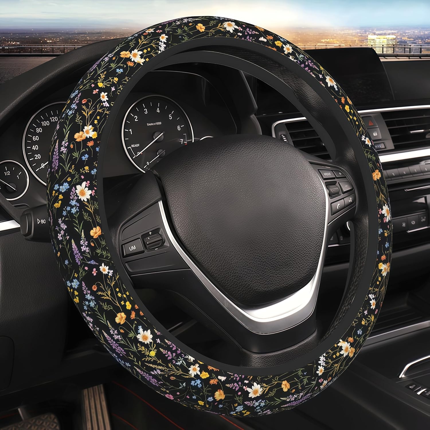 Wildflowers Steering Wheel Cover Black Wildflowers Steering Wheel Protector Neoprene Car Accessories 15inch 2 Pcs Car Coasters for Women Men image 4