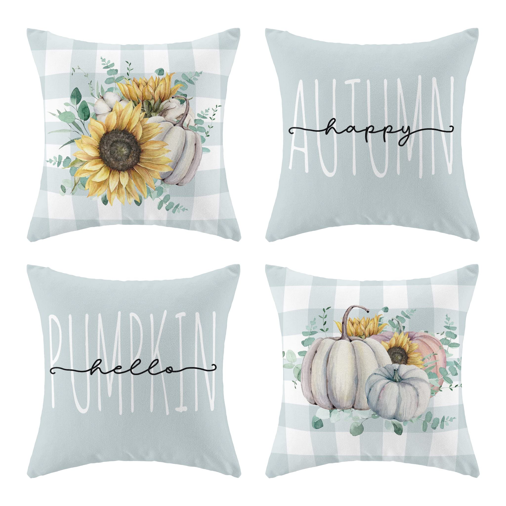 GUYUEHU Fall Decor Pillow Cover Blue18x18 Set of 4 for Fall Thanksgiving Farmhouse Pumpkin Harvest Decorations Linen Cushion Case for Home Decors (18X18, Sunflower)