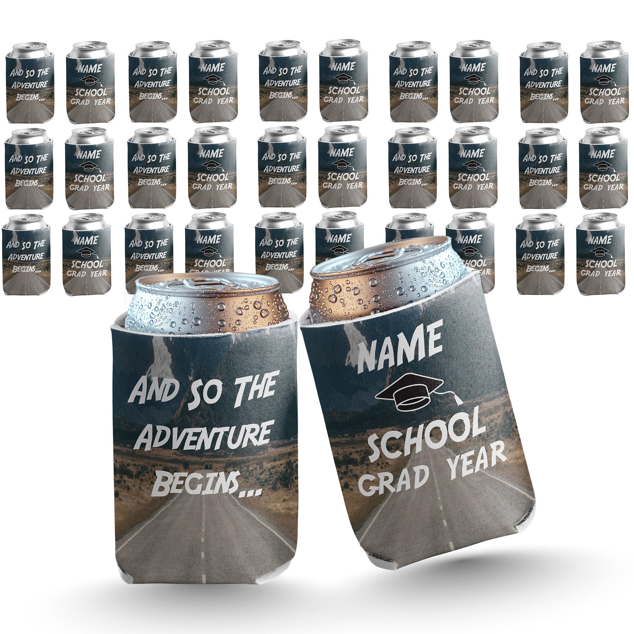 VictoryStore Custom Graduation Can Coolers – “And So The Adventure Begins” – Personalized Drink Sleeves for Class of [Year] – 16oz Foam Beverage Holder – Add Name, School, and Year, Set of 250