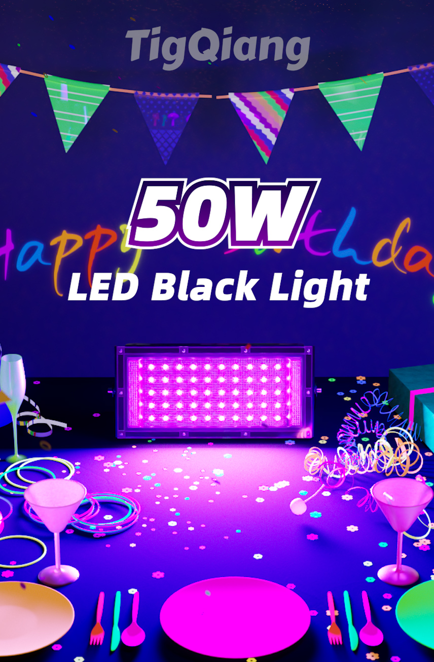 Image of TigQiang 50W 2 Pack LED Black Light IP66 Waterproof,Outdoor Blacklight Flood Light with Plug Switch Cord, for Halloween, Neon Glow in The Dark Party, Body Paint, Fluorescent Poster, Classroom Party