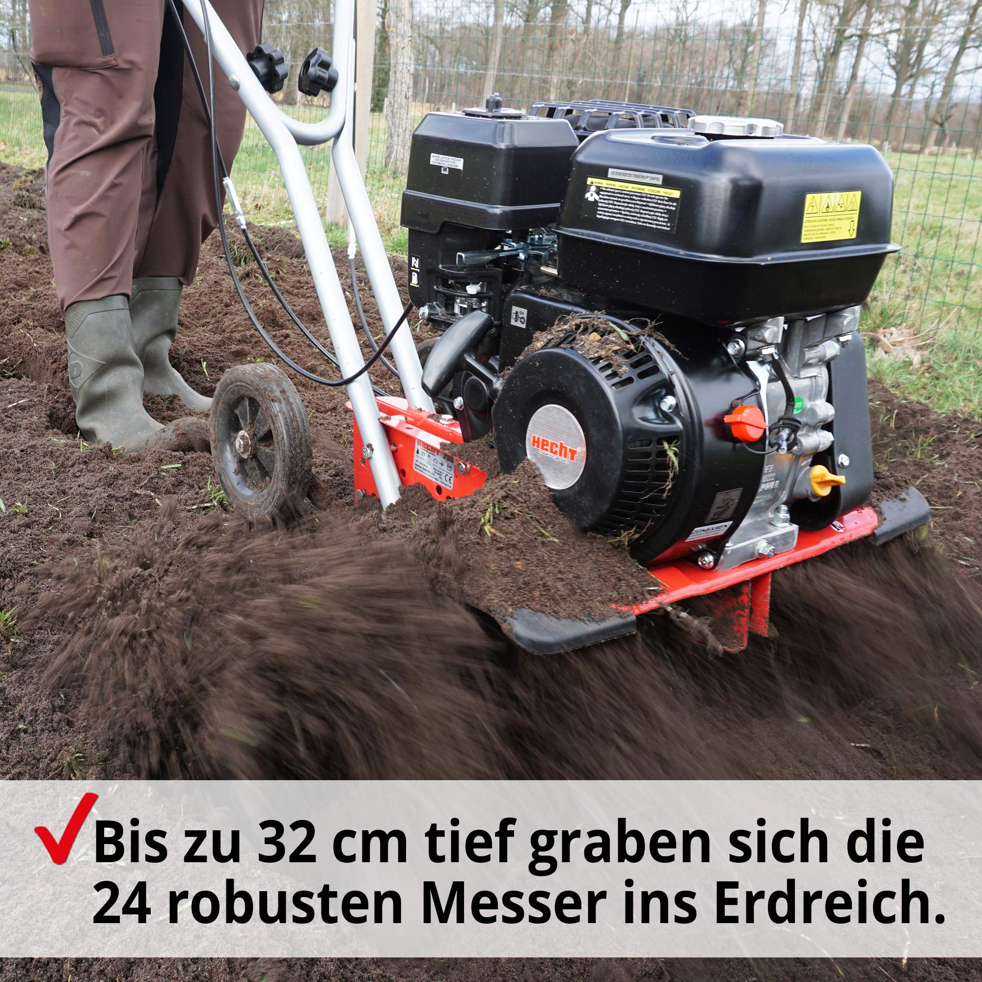 HECHT Benzin Motorhacke 6,5 PS 4,5 kW 32-84 cm Arbeitsbreite | 4-Takt-Motor, 24 robuste Messer, bis 32 cm tief, Garten umgraben und Boden auflockern, Gartenfräse und Bodenfräse