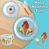 Vista 5 de Bentology Juego de 5 piezas de comida para niños, tema de helado, incluye plato y cuenco de borde elevado, taza, tenedor y cuchara, apto