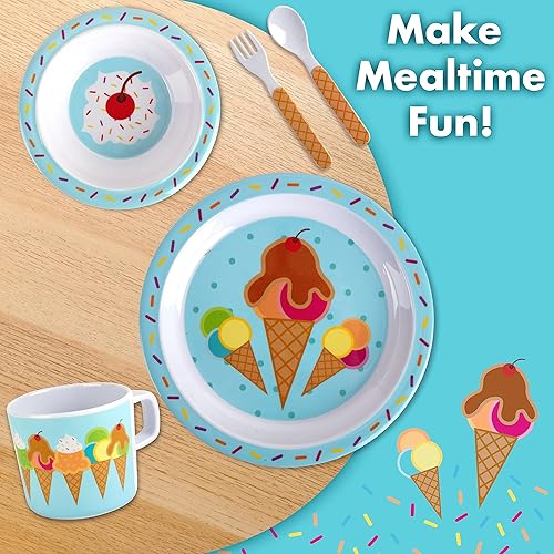 Miniatura 5 de Bentology Juego de 5 piezas de comida para niños, tema de helado, incluye plato y cuenco de borde elevado, taza, tenedor y cuchara, apto para